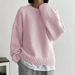 Andrea - Jersey liso rosa de manga larga y cuello redondo