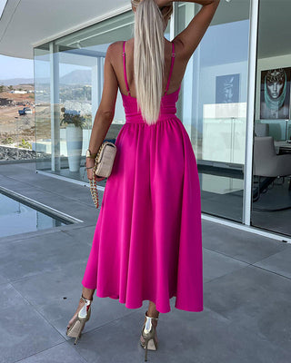 HEM Slit cintura hueca vestido de tirantes de color sólido